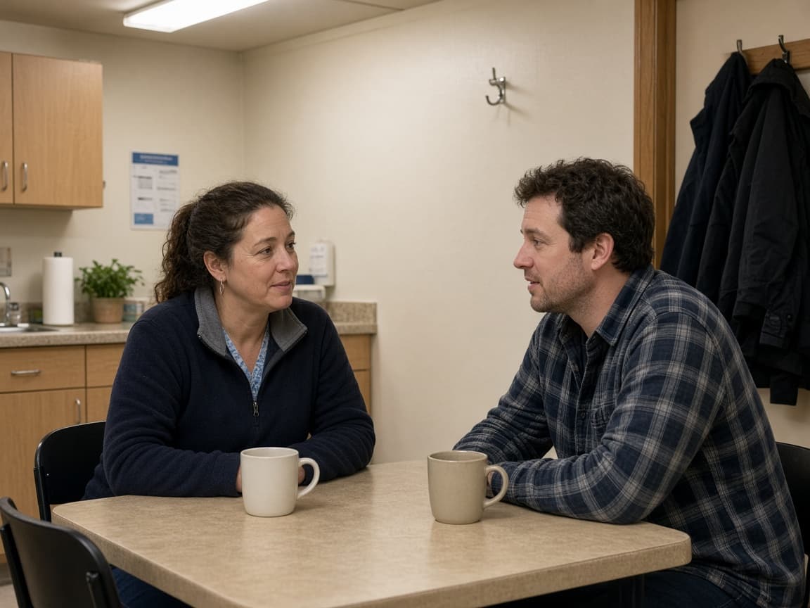 Two Meadowlark caregivers talking over coffee in a break room